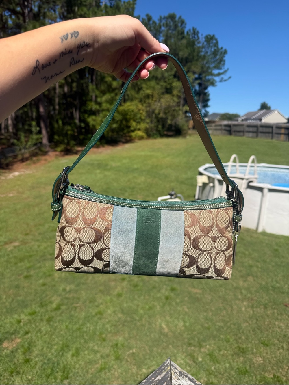 Coach Signature Canvas Green Stripe Shoulder Bag